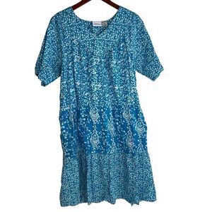 The Vermont Country Store Womens Tiered Short Sleeve Muumuu Dress Aqua Large